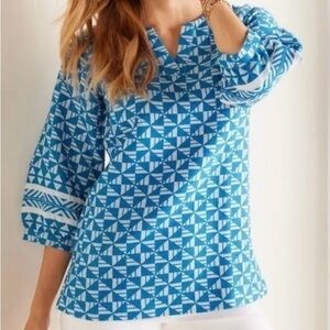 Soft‎ Surroundings Narah Top Women M Geometric Print 3/4 Sleeve Blouse Blue NWT